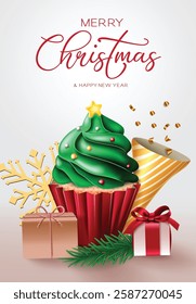 Merry Christmas vector design. Merry Christmas and happy new year greeting text with cupcake, gifts and snowflakes decor elements for xmas holiday season decoration. Vector illustration. 
