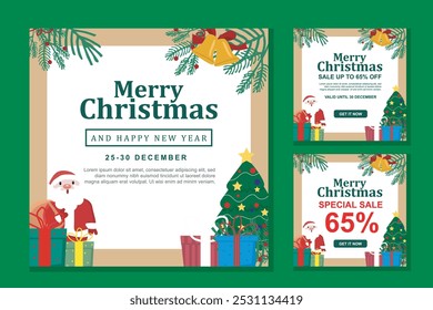 Merry Christmas vector design in square set format with Christmas tree and gifts, perfect for promo poster or greeting card.