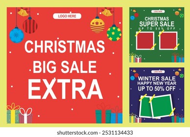 Merry Christmas vector design in square set format with Christmas tree and gifts, perfect for promo poster or greeting card.
