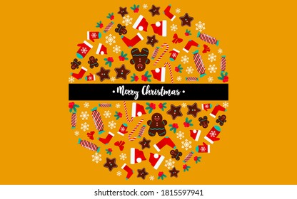 Merry Christmas Vector design template with copy space Round composition with Christmas symbols on bright yellow background