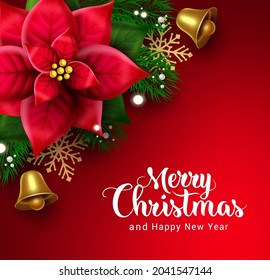 Frohe Weihnachten, Vektordesign. Fröhlicher Weihnachtstext mit Blumengesteck in Poinsettia auf rotem Hintergrund für Weihnachtshintergrund. Vektorgrafik.
