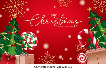 Merry christmas vector design. Merry christmas text with xmas tree, candy cane and gifts for holiday season greeting card. Vector illustration.
