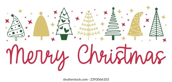 Merry Christmas vector design with christmas trees and stars, lettering for greeting cards, banners, posters