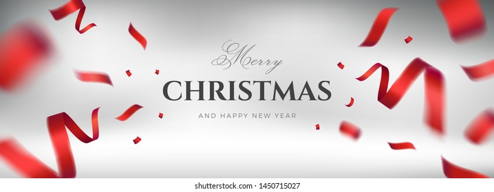 Merry Christmas vector design. White background with flying red silk ribbon and congratulations text. Elegant festive decoration, long panoramic gift card or wide web banner layout template