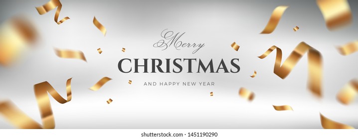 Merry Christmas vector design. White golden background with flying gold confetti and congratulations text. Elegant festive decoration, long panoramic gift card or wide web banner layout template