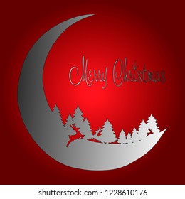 Merry Christmas. Vector drawing deer, christmas tree and moon