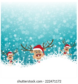 merry christmas vector eps10 design in blue and white / snowy christmas landscape with beautyful ice flowers and stars / cute santa cartoon reindeer family 