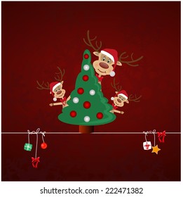 merry christmas vector eps10 design / christmas card in deep red / cute santa reindeer cartoon family 