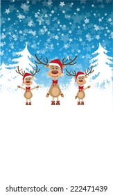 merry christmas vector eps10 design in blue and white / christmas landscape with snowy trees / cute santa reindeer cartoon family 