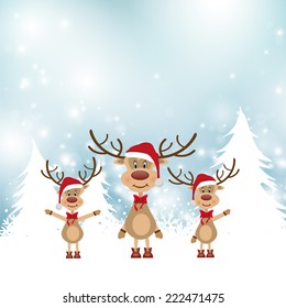 merry christmas vector eps10 design in blue and white / christmas landscape with snowy trees / cute santa reindeer cartoon family 