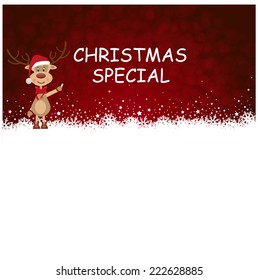 merry christmas vector eps10 design in red and white / christmas special advertising / beautyful ice flowers with a cute cartoon reindeer santa character
