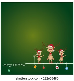 merry christmas vector eps10 design in green / christmas card / cute cartoon santa reindeer family 