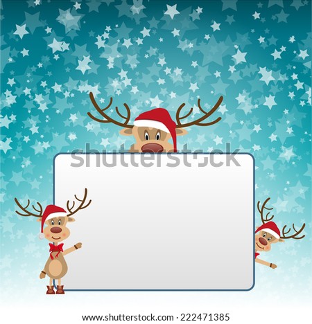 merry christmas vector eps10 design in blue and white / christmas card with beautyful falling stars / a cute santa reindeer cartoon family hold a blue vector frame