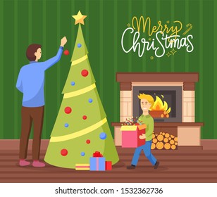 Merry Christmas vector, father and son decorating pine tree at home. Man holding bauble for fir, boy kid carrying box with garlands. Improving home interior for winter holidays, fireplace with logs