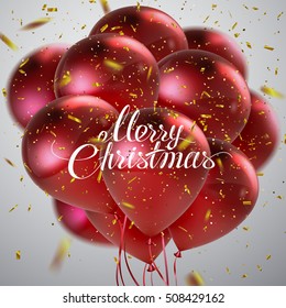 Merry Christmas. Vector festive illustration of flying glossy balloons and golden confetti glitters. Red balloon bunch with Merry Christmas label. Decoration element for holiday event poster design.
