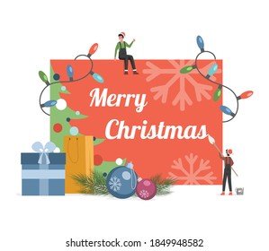 Feliz diseño de tarjetas planas vectoriales de Navidad con elfos lindos. Tierras, cajas y bolsas de regalo, ramas de árboles de Navidad y bolas decorativas. Feliz Año Nuevo y Feliz Navidad.