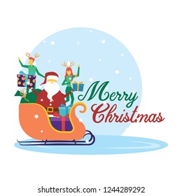Merry Christmas. vector flat design illustration. Santa Claus, Christmas tree, house, snowman
