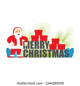 Merry Christmas. vector flat design illustration. Santa Claus, Christmas tree, house, snowman