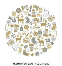 Merry Christmas vector flat illustrations. Gold and grey stylish Christmas elements in a circle for your project, decor, postcards, banners, invitations, icons, seals, packaging. Isolated on white.