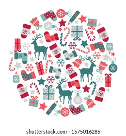 Merry Christmas vector flat illustrations. Red and blue stylish Christmas elements in a circle for your project, decor, postcards, banners, invitations, icons, seals, packaging. Isolated on white.