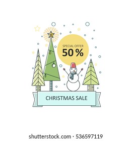 Merry Christmas - vector flat line illustration with christmas trees and snowman. Perfect for shops and shopping centers, e-mail newsletters, web banners, and commerce sale decoration.