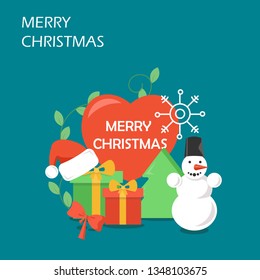 Merry Christmas vector flat style design illustration. Santa hat, gift boxes, snowman, snowflake, christmas tree and big red heart. Winter holidays composition for web banner, website page etc.