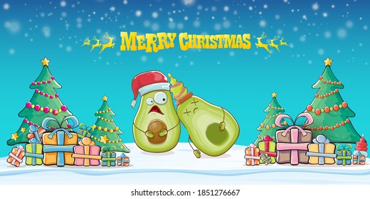 Merry Christmas vector funky greeting horizontal banner or card with Santa Claus avocado character and his elf friend on snowy winter background. Vector funny christmas party poster design template