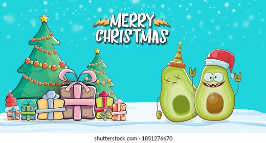 Merry Christmas vector funky greeting horizontal banner or card with Santa Claus avocado character and his elf friend on snowy winter background. Vector funny christmas party poster design template