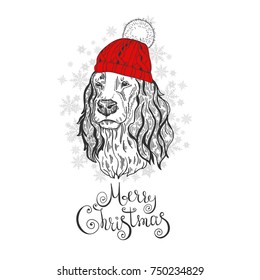 Merry Christmas vector funny card.Handdrawn dog face.