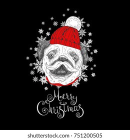 Merry Christmas vector funny card.Handdrawn dog face.