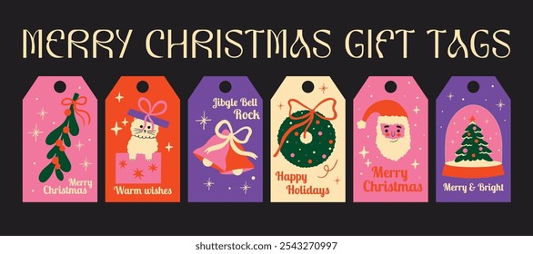 Merry Christmas vector gift tags design, cards, labels, sticker elements set for winter holidays. Collection of cute groovy funky cartoon illustration xmas tree, snow ball, wreath, mistletoe, present