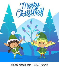 Merry christmas vector, girl elves personages. Santa claus helpers, kids wearing traditional costumes with hats. Forest with pine trees and winter foliage. Dwarfs in woods. Vector in flat style