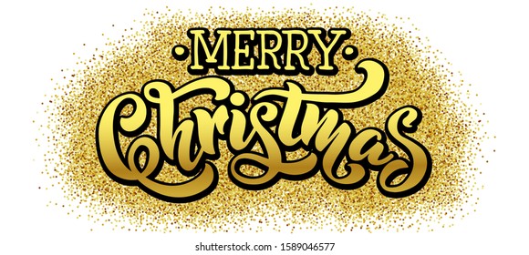 Merry Christmas vector gold text Calligraphy lettering card design template for logo, banners, labels, postcards, invitations, prints, posters, web, presentation. Vector illustration. EPS 10