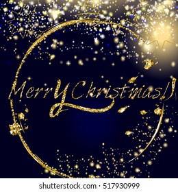 Merry Christmas vector golden and silver glitter particles background effect for luxury greeting card. Star dust sparks in explosion on dark background. Sparkling texture