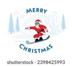 "Merry Christmas" vector graphic Christmas card for snowboarders. Santa sliding on snowboard at high speed. Cartoon style Santa Claus. For posters, banners, sales and other winter events.