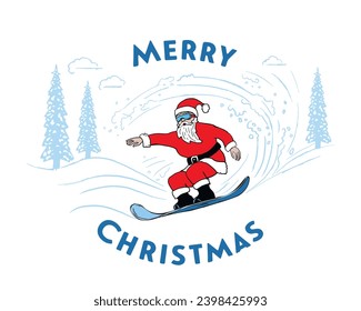 "Merry Christmas" vector graphic Christmas card for snowboarders. Santa sliding on snowboard at high speed. Cartoon style Santa Claus. For posters, banners, sales and other winter events.
