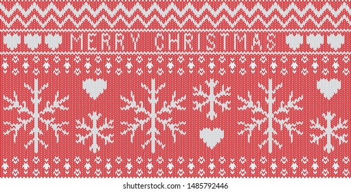 Merry Christmas vector graphic that looks like real knitted stitches.
Patterns include: Snowflakes, hearts, snow, star and decorative.
Sweater or jumper style
