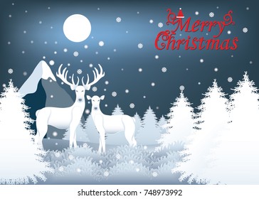 Merry Christmas vector graphics card.The reindeer stands in snowy pine forest. High mountains and moon.Paper art style