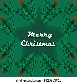 Merry Christmas vector with green background and big star in the center. It is surrounded by images of graded spruce / pine trees of various sizes.