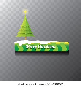 Merry Christmas vector green glossy button with green cartoon christmas tree and christmas lights. web green christmas button with snow, ice border and transparent shadow