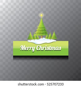 Merry Christmas vector green glossy button with green cartoon christmas tree and christmas lights. web green christmas button with snow, ice border and transparent shadow