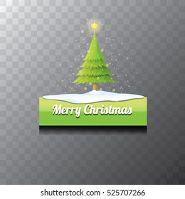 Merry Christmas vector green glossy button with green cartoon christmas tree and christmas lights. web green christmas button with snow, ice border and transparent shadow