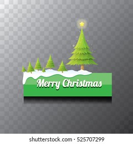 Merry Christmas vector green glossy button with green cartoon christmas tree and christmas lights. web green christmas button with snow, ice border and transparent shadow