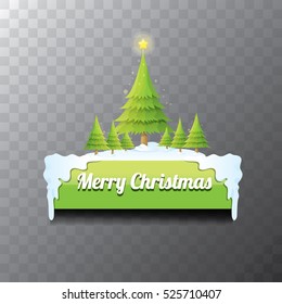 Merry Christmas vector green glossy button with green cartoon christmas tree and christmas lights. web green christmas button with snow, ice border and transparent shadow