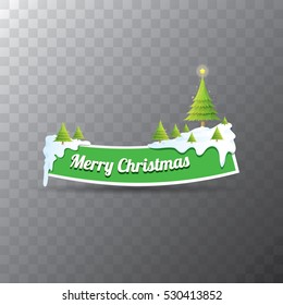 Merry Christmas vector green glossy button with green cartoon christmas tree and christmas lights. web green christmas button with snow, ice border and transparent shadow