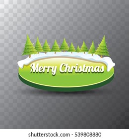 Merry Christmas vector green glossy button with green cartoon christmas tree and christmas lights. web green button with snow, ice border and transparent shadow
