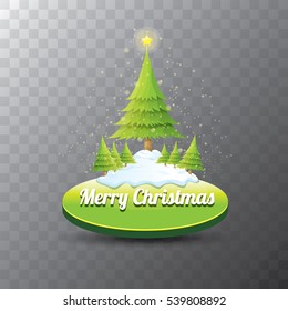 Merry Christmas vector green glossy button with green cartoon christmas tree and christmas lights. web green button with snow, ice border and transparent shadow