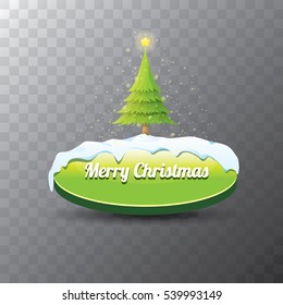 Merry Christmas vector green glossy button with green cartoon christmas tree and christmas lights. web green button with snow, ice border and transparent shadow