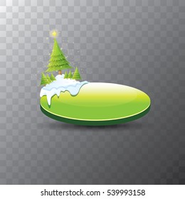 Merry Christmas vector green glossy button with green cartoon christmas tree and christmas lights. web green button with snow, ice border and transparent shadow