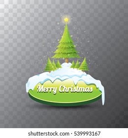 Merry Christmas vector green glossy button with green cartoon christmas tree and christmas lights. web green button with snow, ice border and transparent shadow